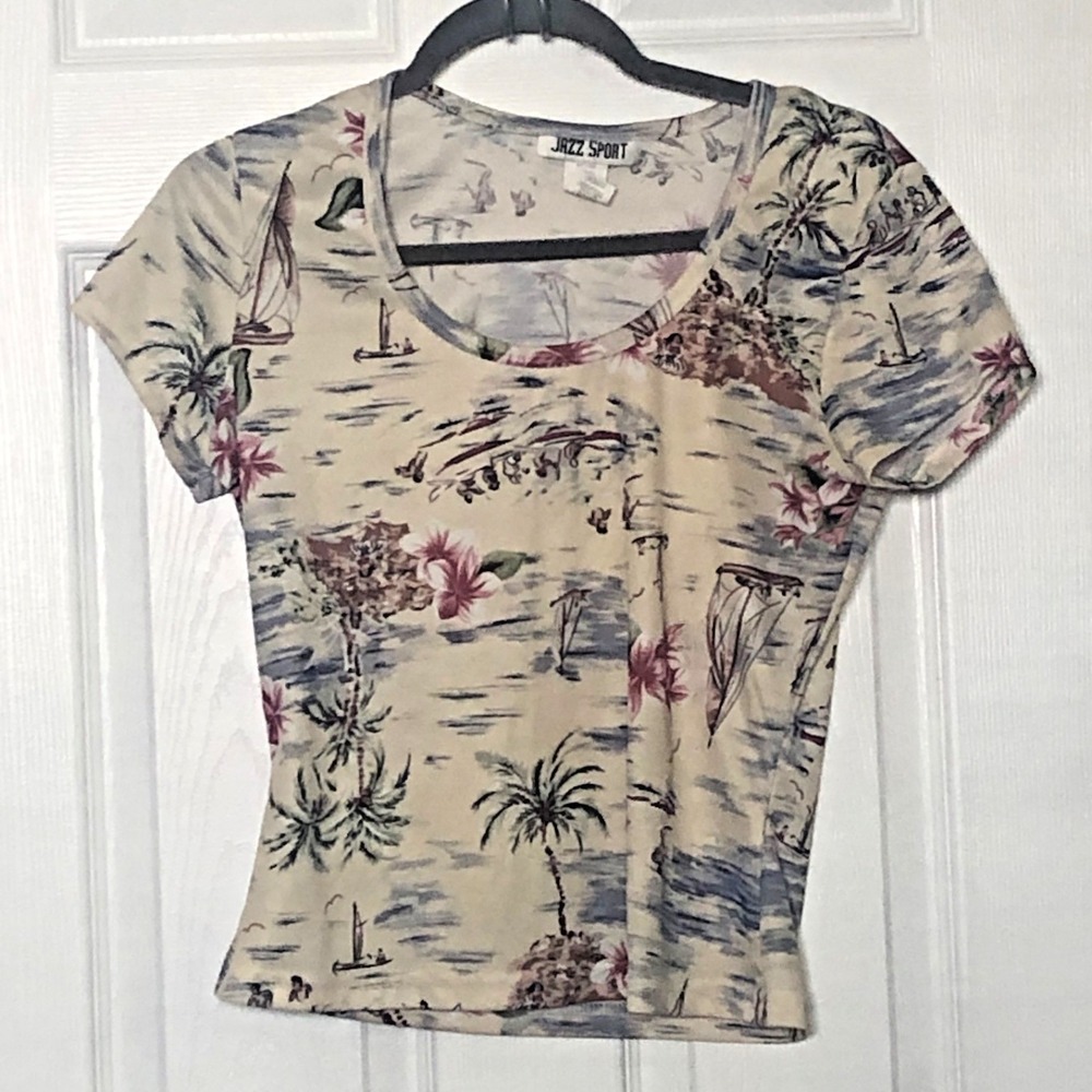 Vintage Jazz Sport Tropical Beach Scene Tee Large Palm Tree Hawaiian USA Made